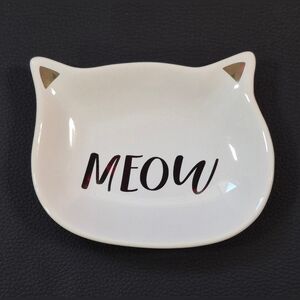 Cute 4" Cat "Meow" Catch All Decorative Dish Black & White With Gold Ears